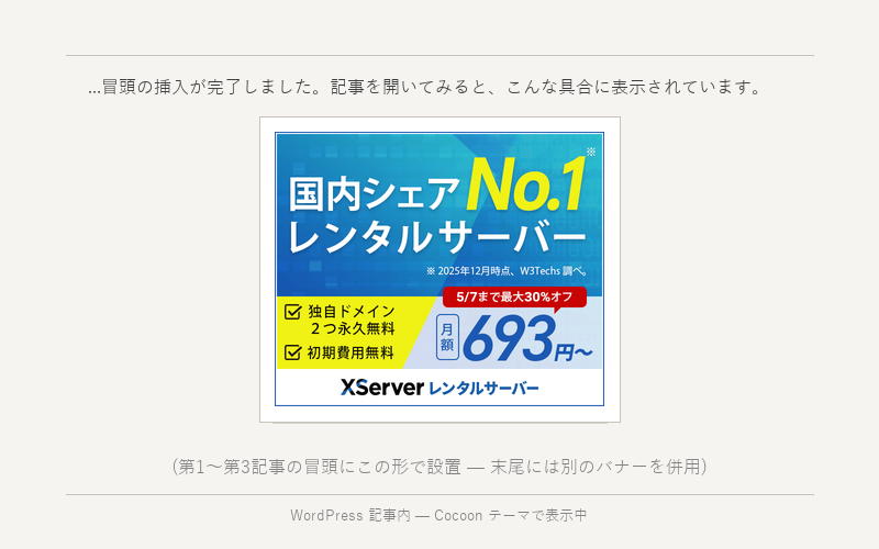 WordPress 記事内に Xサーバーアフィリエイトバナーが設置された状態のサンプル表示。第1〜第3記事の冒頭に配置済みのバナー(077番)を Cocoon テーマで表示中。