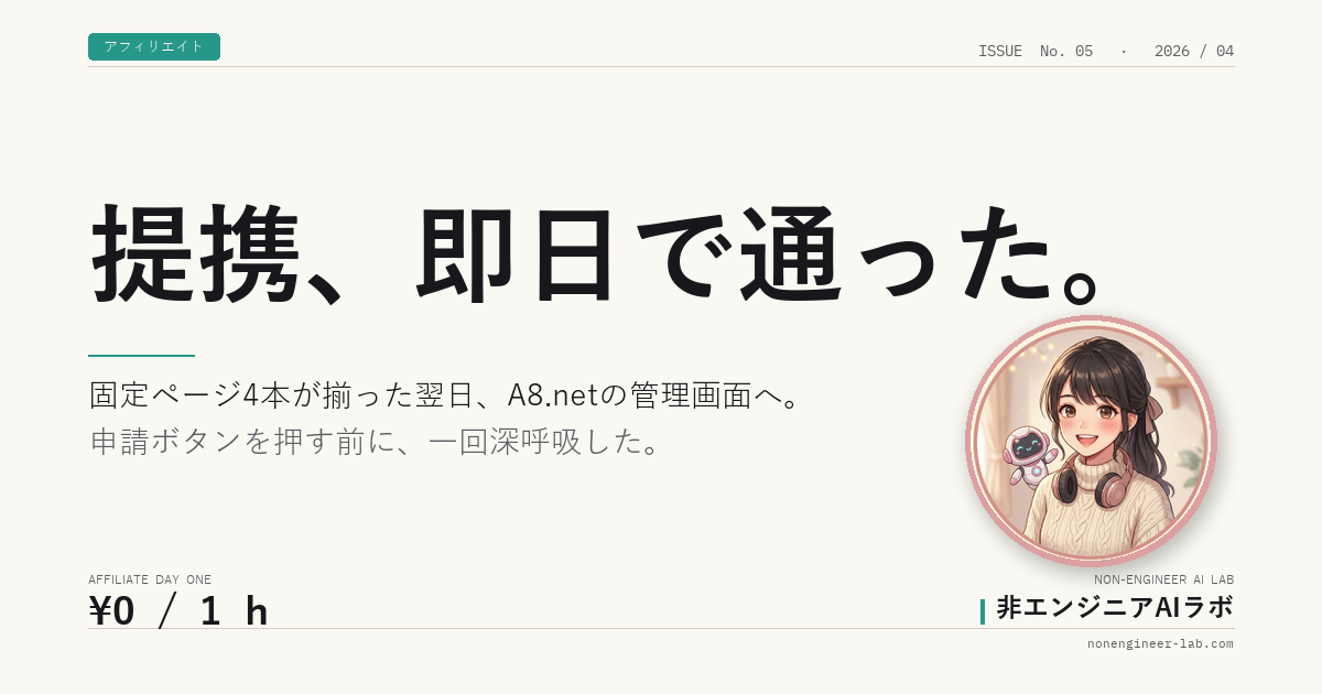 非エンジニアAIラボ第5記事アイキャッチ。Editorial風デザイン、キャラクター入り。