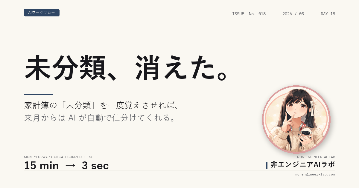 未分類、消えた。家計簿の「未分類」を一度覚えさせれば、来月からはAIが自動で仕分けてくれる。第18回アイキャッチ画像。AIワークフローカテゴリー。