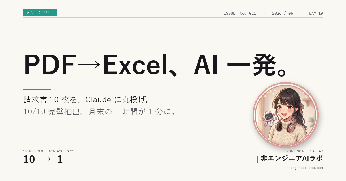 PDF→Excel、AI 一発。 — 請求書 10 枚を Claude に丸投げ、10/10 完璧抽出、月末の 1 時間が 1 分に。第21回アイキャッチ画像。AIワークフローカテゴリー、自動化レシピ#3。